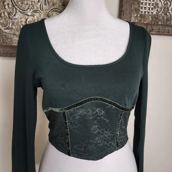 Forest Green Fairycore Bell Sleeve Velvet Trim Cropped Top Medium Whimsigoth - Picture 5 of 12
